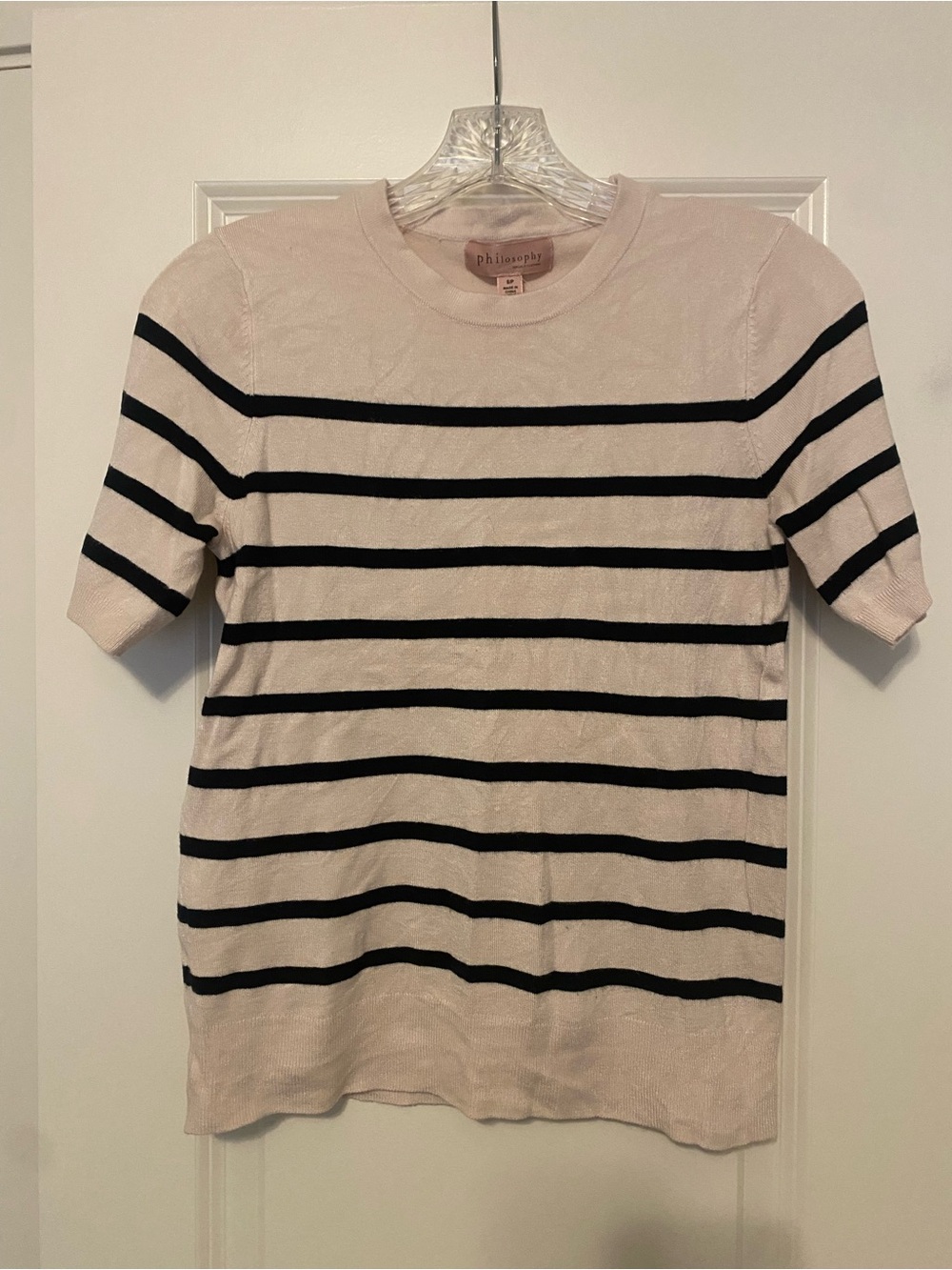Philosophy Cream Short Sleeve Crewneck Tee with Black Stripes